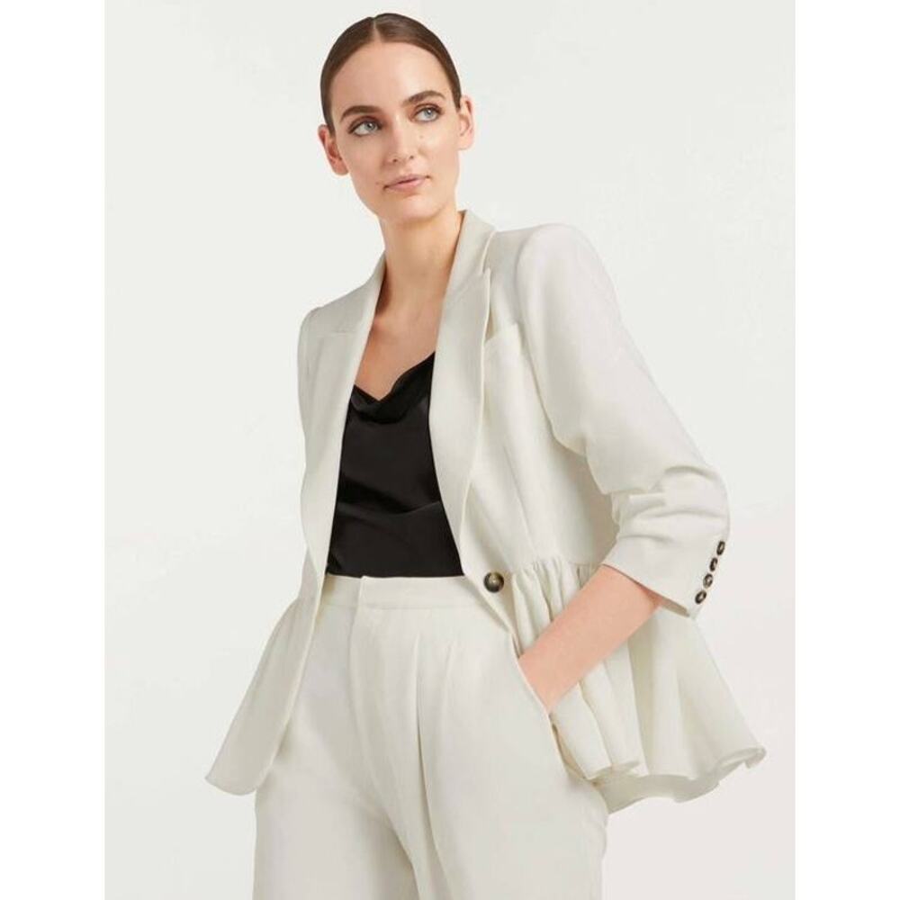 Cinq á Sept Kourtney White Ruffle Blazer Ivory 2 XS Single Breasted Peplum